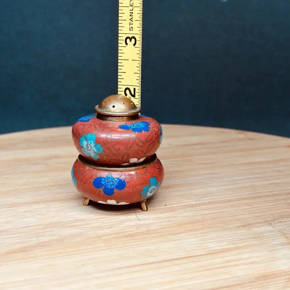 Vintage Chinese Cloisonné Salt Dip & Pepper Shaker Combination Floral Enamel